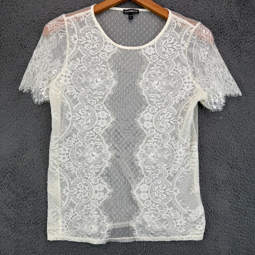 Express Womens Ivory Sheer Floral Lace Short Sleeve Top Size S Eyelash Trim